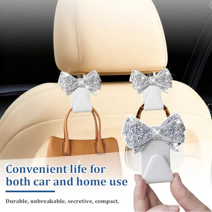 2PCS Bling Bow Car Seat Headrest Hook, Lovely Crystal Rhinestone Back Seat Storage Organizer for Handbag Purse Coat, Girly Sparkling Diamond Backseat Bag Hanger Holder, Universal Fit (White) - color: White