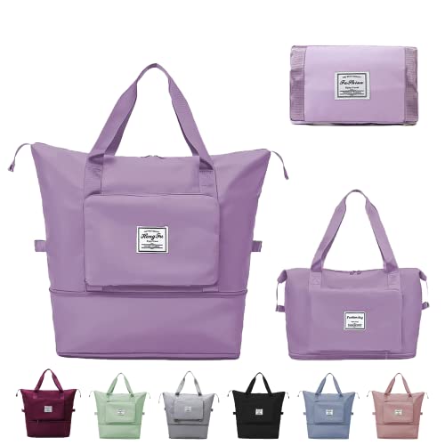 Large Capacity Travel Bag, Expandable Duffel Bag-Water-Resistant Foldable Carry-On with Wet/Dry Compartments | Large Capacity Travel Bag for Gym, Weekends & Overnight Trips (Purple) - color: Purple