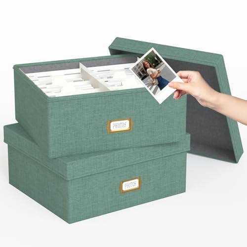 Decorative Photo Storage Box - 2 Pack Linen Photo Box Organizer with Dividers, Fits Holds Up to 1700 Pictures and 4x6 Photos, Memory Keepsake Organizer for Scrapbook Supplies, Cards, Stamps (Green) - color: Green, size: 4x6 (2 Pack)