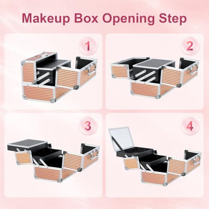 Makeup Train Case, Large Makeup Case with Mirror and Lock, Portable Makeup Box Organizer, 2 Trays Make Up Storage for Travel, Vanity, Cosmetics, Rose Gold