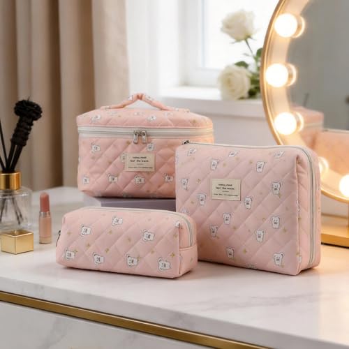 3PCS Coquette Makeup Bag,Quilted Cosmetic Bag Large Make Up Bag Set,Quilted Portable Toiletry Organizer Bag,Cotton Travel Skincare Bag for Women Girls(07-White bunny) - style: 07-white Bunny