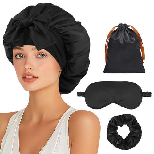 Satin Bonnet Set, Hair Bonnet for Sleeping Silk Bonnet with Eye Mask for Women Curly Hair - color: Black