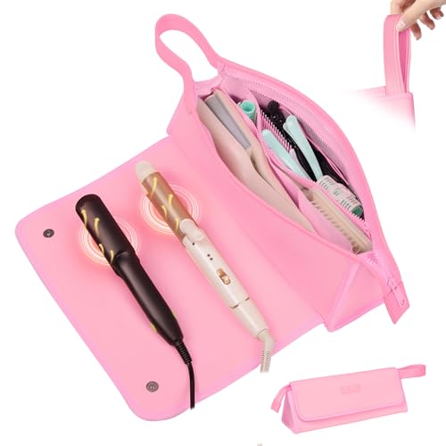 JKAOO Hair Tools Travel Bag and Heat Resistant Mat, 2 in 1 Portable Organizer Hair Travel Case for Curling Iron, Hair Straightener, Flat Irons, PU Hangable Handle, Neoprene (Sweet Pink) - color: Sweet Pink