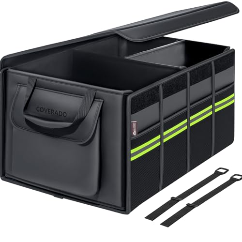 Coverado Car Trunk Organizer - 70L Nappa Leather Trunk Organizer for SUV with Lid, Multi Collapsible Car Storage Organizer Foldable, Multi Compartments with 2 Straps for SUV/Truck - size: L