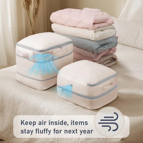 DIMJ Compression Storage Bags 6 Pack - Blanket Storage Bags with Window Zipper, Ultra Space Saving Self Compression Organizer for Puffer Jacket, Bedding, Lightweight Comforter Duvet, Sweater - color: Beige, size: 39L x 6 Pack