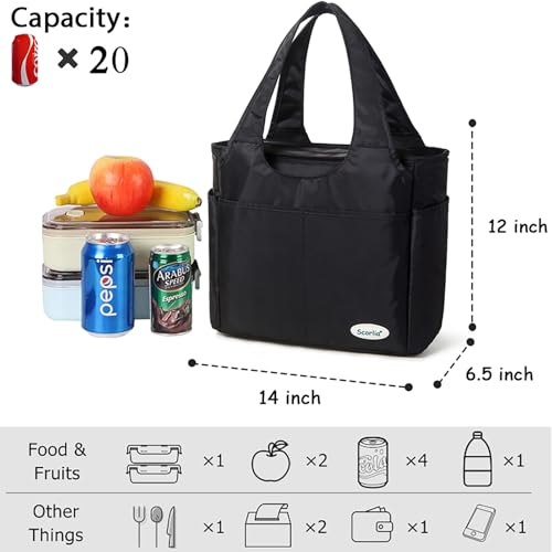 Extra Large Insulated Lunch Tote Bag for Women Men, Leakproof Cooler Lunch Box Shoulder Purse with Side Pockets for Work - Black - color: Black