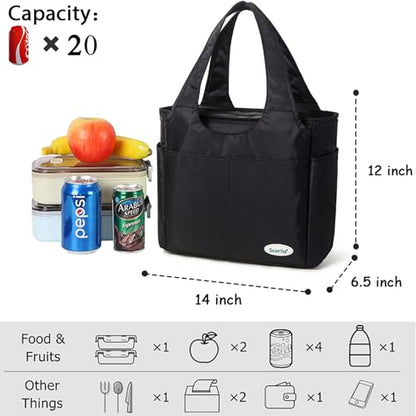 Extra Large Insulated Lunch Tote Bag for Women Men, Leakproof Cooler Lunch Box Shoulder Purse with Side Pockets for Work - Black - color: Black