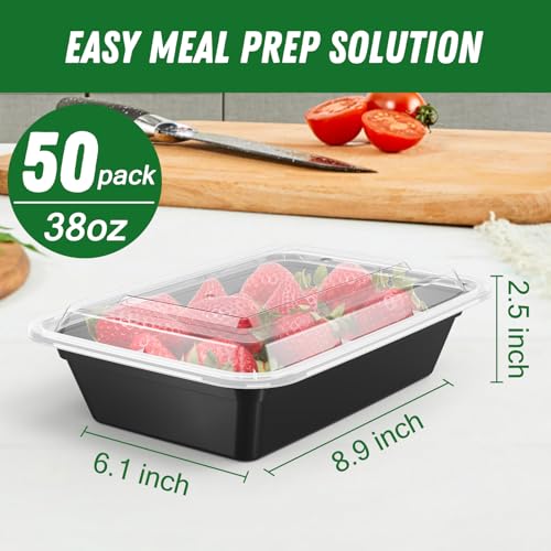 Dealusy 50 Pack (100-Piece) 38 oz Meal Prep Containers Reusable with Lids, Sturdy Leakproof & Food Safe, Microwave, Freezer, Dishwasher Safe Prep Containers, To Go Take Out Plastic Food Storage - size: 38 oz