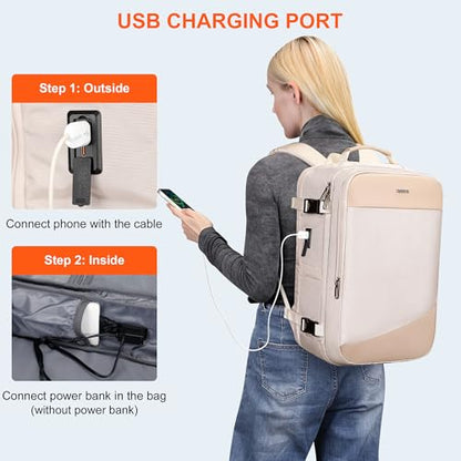 PIJUSHI Travel Backpack for Women Carry on Suitcase Backpack Flight Approved Personal Item Bag Fits 16 Inch Laptop(PE035 Beige) - color: Beige