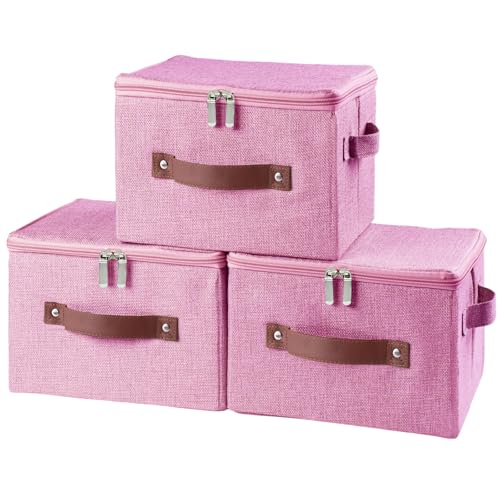 3 Pack Storage Bins with Zipper Lid Fabric Lidded Storage Boxes Baskets Cubes Washable Collapsible PU Leather Handle Cotton Linen Shelves Closet Organizer Container(Pink, Small Size) - color: Pink, size: Small ( Set of 3)