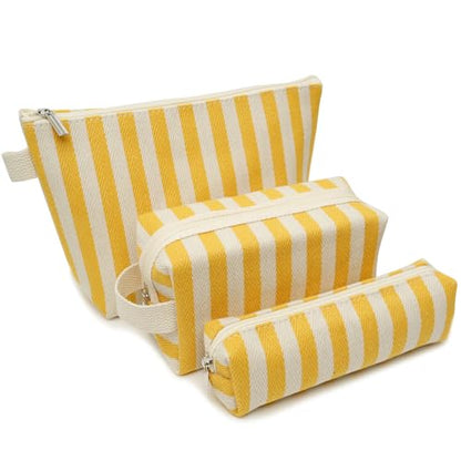 3 Pcs Makeup Bag Set Striped Canvas Purse Cosmetic Bag For Women Travel Toiletry Pouch Organizer pencil case (Yellow-White) - color: Yellow-White