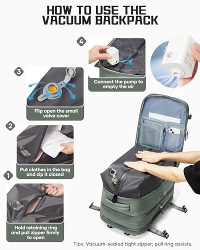 wepadre Vacuum Backpack Travel with Pump Travel Backpack with Vacuum System Expandable Vacpack Compression Backpacks for Travel Easy Vac Pack Carry on Luggage - color: Army Green