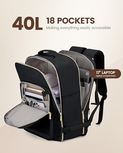 LOVEVOOK 40L Travel Backpack Flight Approved Carry on Backpack,3 Packing Cubes,Waterproof Personal Item Travel Bag,TSA Carry on Luggage Suitcase Travel Essentials,Gifts for Women & Men,fits 17" Laptop - color: Black-black, size: Large-40L-4Pcs