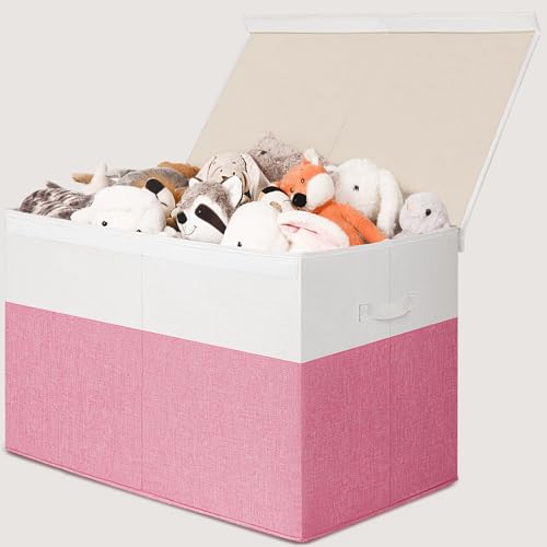 INDRESSME 122L Large Toy Storage Box with Lid & Dividers, Sturdy Kids Toy Organizer Storage Chest Bin for Playroom Bedroom Nursery Closet, 26"x17"x17", (Pink & White) - color: Pink & White, size: 26"x17"x17"