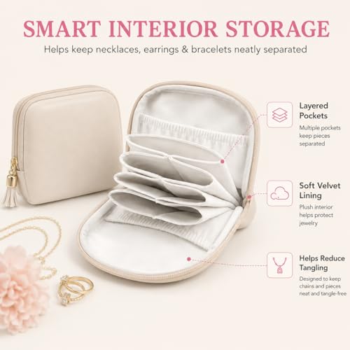 2 Pcs Travel Jewelry Case for Women - Small Jewelry Organizer Box with Velvet Lining, Portable PU Leather Jewelry Storage Case for Necklaces Earrings Rings Bracelets, Cream White