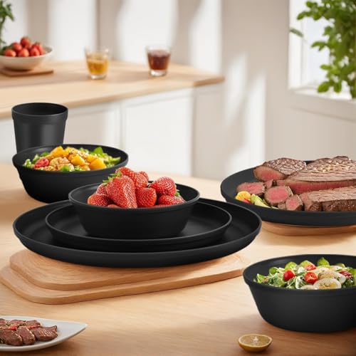 40 Piece Plastic Dinnerware Set for 8 with Cutlery, Unbreakable Plates and Bowls Set, Dishwasher & Microwave Safe Reusable Dish Set for Camping, RV, Outdoor Kitchen, Apartment Dining, Black - color: Black