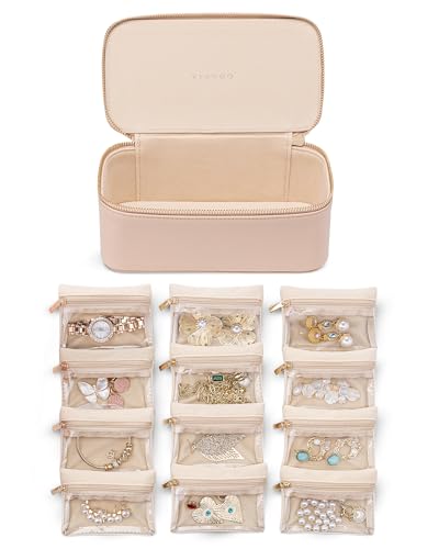 VLANDO Jewelry Box with 12 Velvet Jewelry Bags Travel Jewelry Case for Girls Jewelry Organizers Necklace Rings Earrings Storage Bags Mother Gifts Bridal Shower Gifts- Khaki - color: 12PCS-Khaki