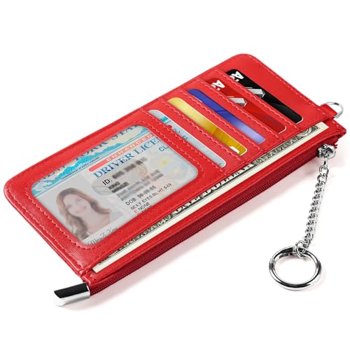 RFID Blocking Slim Credit Card Holder Wallet with Zipper Money Pocket & Keychain, Slim Airtag Wallet for Men Women - color: Cowhide Red