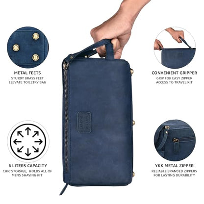 LEATHER VILLAGE Genuine Leather Travel Toiletry Bag - Water-Resistant Dopp Kit for Toiletries, Large Shaving Bag & Bathroom Organizer - Gift for Men & Women - Royal Blue - color: Royal Blue