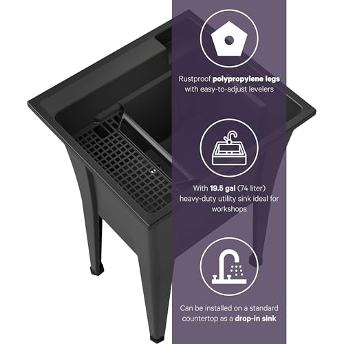Freestanding Utility Sink with Two Handle Chrome Faucet - 24" Plastic Utility Sink for Garage, Laundry, Indoor and Oudoor Use - Laundry Tub Kit by Noah William Home - Black (19.5 gal) - color: Black - Two handle chrome faucet