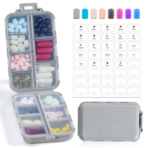 14 GRIDS Travel Pill Organizer Box with Labels - Travel Medicine Case Kit - Pocket Daily Pharmacy Container - Travel Medication Holder Dispenser for Fish Oil Vitamin Supplement Storage - Grey - color: Grey, size: with White Labels