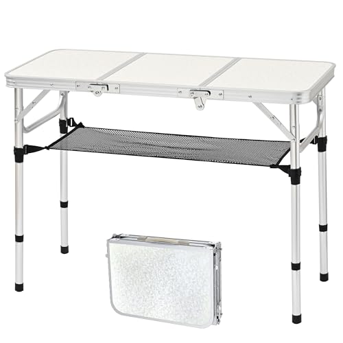 Folding Camping Table, 35''L x16''W Camp Aluminum Table with Adjustable Height Legs, Indoor Outdoor Lightweight Portable Folding Dining Table for Camp Picnic Beach Cooking 3Ft（3 Heights 10"/20"/27"） - color: Silver & Sage Gray, size: 35.4"L x 16"W x 27.48