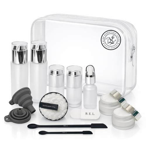14 Pcs Glass Travel Skincare Containers Set-TSA Approved Toiletry Bag & Glass Travel Bottles for Toiletries Pump, Spray & Dropper Bottles Travel Size for Foundation, Serum Moisturizer Oil & Cream