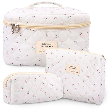 GISMTR 3Pcs Cotton Quilted Makeup Bag Large Travel Cosmetic Bag Coquette Makeup Pouch Cute Aesthetic Floral Toiletry Bag for Women Girls (cherry-B) - color: cherry-B