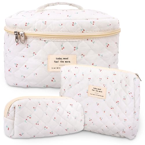 GISMTR 3Pcs Cotton Quilted Makeup Bag Large Travel Cosmetic Bag Coquette Makeup Pouch Cute Aesthetic Floral Toiletry Bag for Women Girls (cherry-B) - color: cherry-B