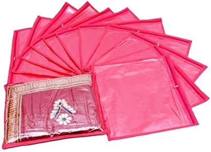 KRUM Single Saree Cover/Suit Packing 12 Piece Transparent Flower Cloth Packing Bag Organizer for Wardrobe Storage or Wedding Gifting ., Pink, 37 cm x 2 cm x 43 cm, Travel Accessories