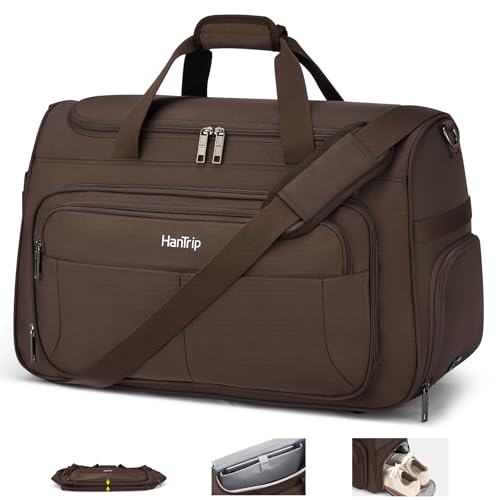 HanTrip Carry on Duffel Bag Foldable Duffle Bags for Travel, Large Personal Item Bags for Airplanes, Weekender Overnight Mens Travel Tote Bag for Women Softside Carry on Luggage (Coffee) - color: Coffee, size: Carry-on 21.5-Inch