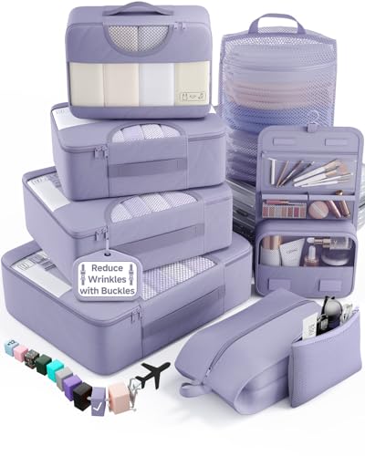 Veken 8 Set Packing Cubes for Travel Essentials,Anti-Wrinkle Buckled Suitcase Organizer for Shoe & Toiletry Bag,Carry On Luggage Bag for Airplane & College Dorm Room Accessories,Women Men Gifts - color: 14 Early Purple Gray