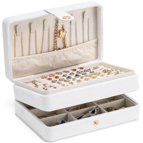 MODENGKONGJIAN Jewelry Organizer Box, 2-Layer Large Jewelry Storage Case, Portable Travel Jewelrys Display Holder for Earrings, Necklaces, Bracelets (White,Velvet) - color: 2 Layer-White-Velvet