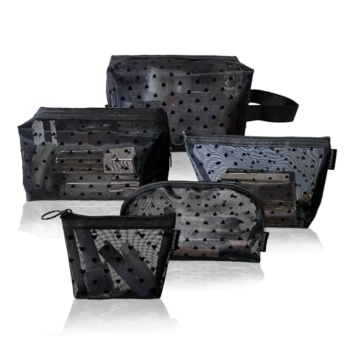 5 Pieces Heart Printed Mesh Makeup Bag Set, Portable Travel Mesh Cosmetic Bags Toiletry Bags Makeup Purse Bags with Zipper Storage Pouches for Home Offices Travel Accessories (Black) - color: Black, size: 5PCS