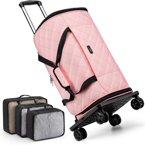 Rolling Garment Bags for Travel - Carry on Convertible Garment Duffle Bags with Wheels for Men Women, 4 in 1 Large Travel Duffel Bags with Shoes Compartment Hanging Suit Dress Weekender Bag 4pcs Set - color: Pink