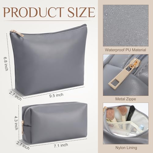 Kigeli 2 Pcs PU Leather Makeup Bag Set for Women Waterproof Aesthetic Cosmetic Bag Large & Small Travel Toiletry Organizer Pouch Skincare Organizer Bridesmaid Mother's Day Birthday Gift(Gray) - color: Gray