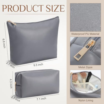 Kigeli 2 Pcs PU Leather Makeup Bag Set for Women Waterproof Aesthetic Cosmetic Bag Large & Small Travel Toiletry Organizer Pouch Skincare Organizer Bridesmaid Mother's Day Birthday Gift(Gray) - color: Gray
