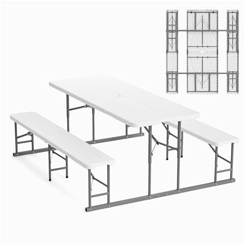 VINGLI Folding Picnic Table and Bench Set, Portable Outdoor Dining Furniture for Camping, Patio, Backyard, Wood Grain Plastic Top with Metal Frame (White) - color: White, style: Standard