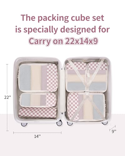 Narwey 6 Set Compression Packing Cubes for Travel Women Men, Travel Cubes for Carry On Suitcase, Durable Compression Luggage Organizer Bags - color: Z-Dusty Rose Checkerboard