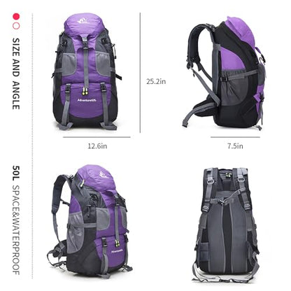 Bseash 50L Hiking Backpack, Water Resistant Lightweight Outdoor Sport Daypack Travel Bag for Camping Climbing Skiing Cycling (Purple - No Shoe Compartment) - color: Purple - No Shoe Compartment