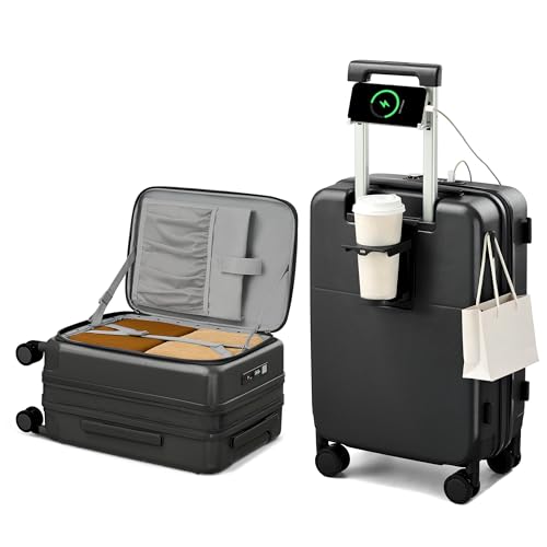 Hanke 20 Inch Expandable Carry On Luggage with Cup Holder 22x14x9 Airline Approved, Top Opening Hard Shell Suitcases with Wheels, Carry-On Travel Suitcase Trunk Luggage with Lock, Jet Black - color: Jet Black, size: Expandable 20 Inch