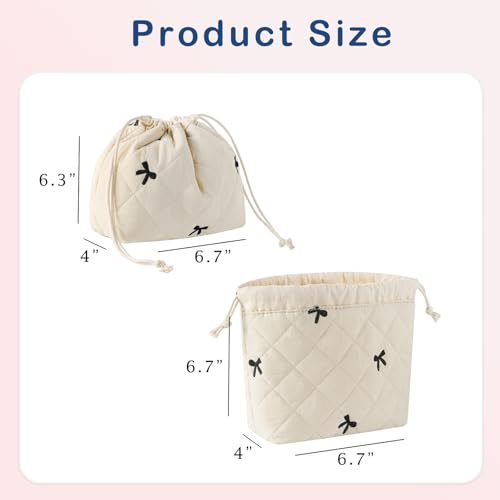 Cotton Quilted Drawstring Makeup Bag with Canvas Lining,Coquette Aesthetic Cute Travel Toiletry Bag,Drawstring Gift Bag for Women and Girls（05Beige Bows） - color: 05Beige Bows