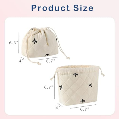 Cotton Quilted Drawstring Makeup Bag with Canvas Lining,Coquette Aesthetic Cute Travel Toiletry Bag,Drawstring Gift Bag for Women and Girls（05Beige Bows） - color: 05Beige Bows