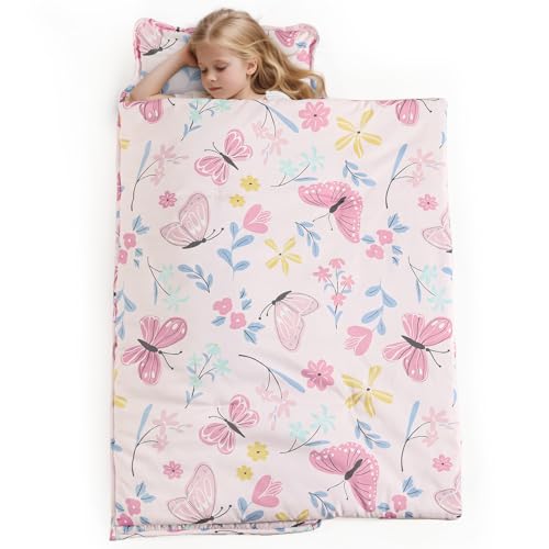 PHF Soft Toddler Nap Mat with Removable Pillow, Rollup Design Kids Sleeping Mat, Slumber Bags for Girls, 55"x23" Toddler Sleeping Bag for Daycare Preschool Travel Camping, Butterfly - color: Butterfly