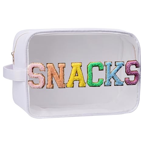 Clear Large Chenile Letter Snack Bag Travel Essentials Clear Toiletry Bag for Travelling Make Up Bag Women Cosmetic Organizer (XL,White-Snacks) - color: Clear White-Snacks, size: XL