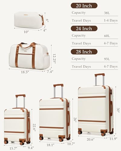 LONG VACATION Luggage Sets 5 Piece, Suitcases With Wheels, PC+ABS Hardshell Luggage Set with Spinner Wheels, TSA Lock (White Brown) - color: White Brown, size: 5 Piece Set (20, 24, 28 Inch)