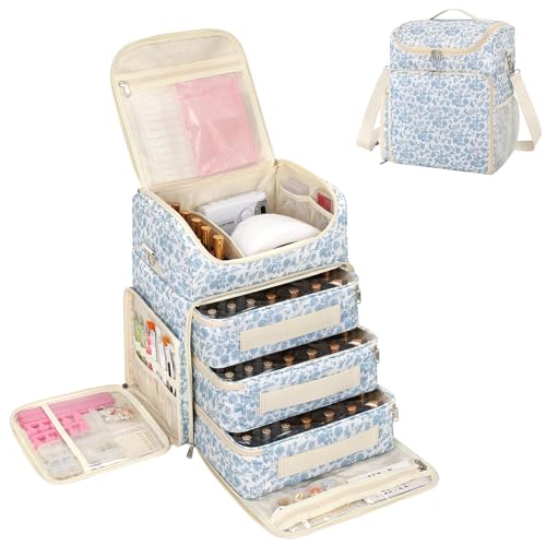 CUBETASTIC Extra Large Nail Polish Organizer Case Holds 124 to 200+ Bottles Nail Polish & Nail Lamp, Nail Supplies Storage Carrying Bag with 3 Removable Pouches - color: Blue Floral, size: 124 Slots