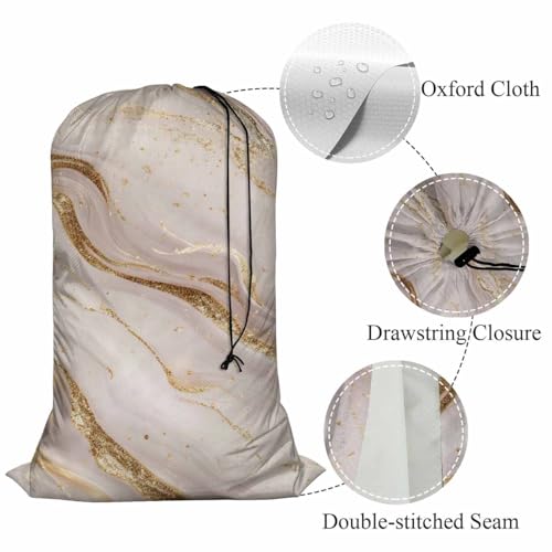 Swono Rose Gold Marble Large Travel Laundry Bag, Rip-Stop Dirty Clothes Bag with Drawstring, Liquid Abstract Glitter Splatter Print Heavy Duty Travel Laundry Bag, Large Laundry Hamper Liner - color: Rose Gold Marble