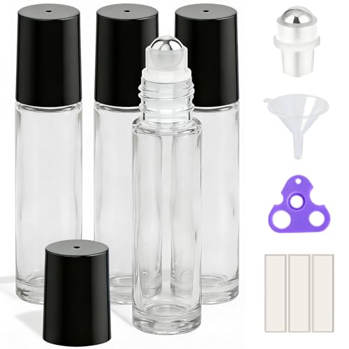 PrettyCare 4 Pack, 10 ml Essential Oil Roller Bottles with Stainless Steel Roller Ball - Refillable Leak-proof Empty Thick Clear Glass Roll on Bottles with Black Caps for Travel, Perfume - color: Clear with Black Cap, size: 4 Pack