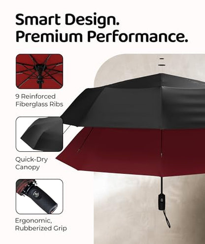 Repel Windproof Travel Umbrella - Compact & Withstands Winds up to 100MPH , Strongest Premium Auto Folding Umbrella for Rain and Sun - Durable, Light & Portable for Women & Men , Fits Backpack & Cars - color: Black/Red - Travel Umbrella (1 Pack)